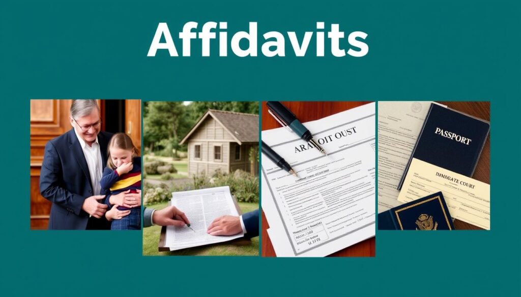 A collage showing different scenarios where affidavits are used in courts, including family court, property disputes, and probate matters A collage showing different scenarios where affidavits are used in courts, including family court, property disputes, and probate matters