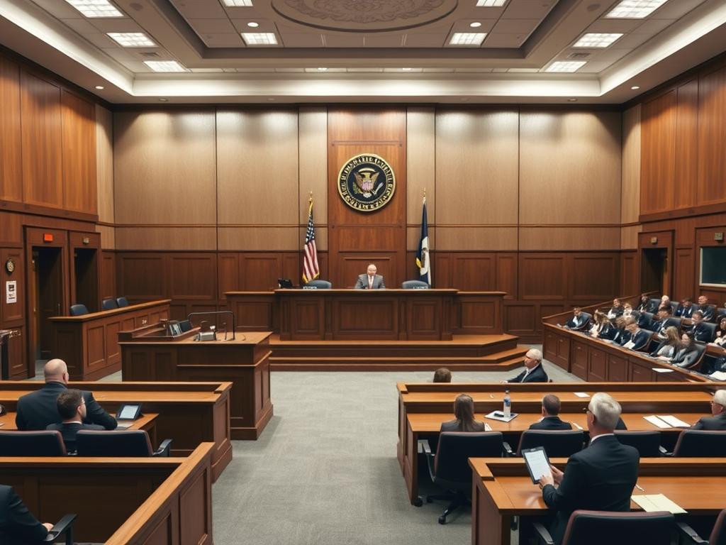 A criminal courtroom showing the more formal setting where criminal cases are tried and affidavits may be presented as evidence A criminal courtroom showing the more formal setting where criminal cases are tried and affidavits may be presented as evidence