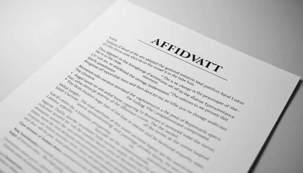 A crisp, clean document filled with carefully-crafted words, illuminated by soft, diffused lighting that accentuates the careful formatting and precise language. The paper's surface has a subtle texture, reflecting the gravity and importance of the content. The page is set against a neutral, uncluttered background, allowing the affidavit's clarity to shine. The overall composition conveys a sense of professionalism, attention to detail, and the legal weight carried by this official document.