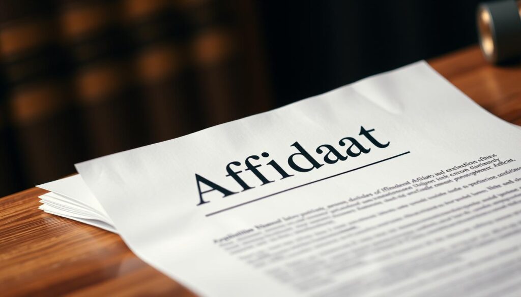 A crisp, well-lit close-up of a formal legal document labeled "Affidavit" resting on a wooden desk. The document's pages are slightly crumpled, conveying a sense of authenticity and use. The background is blurred, with a subtle warm-toned lighting that creates a professional, authoritative atmosphere. The frame captures the document's edges, corners, and texture, emphasizing its importance as a key legal instrument. The overall composition suggests attention to detail, accuracy, and the gravity of the affidavit's purpose within the judicial process.
