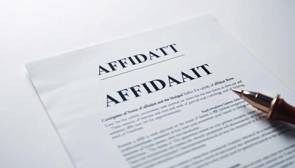 A detailed, high-resolution image of an official legal affidavit document. The affidavit is prominently displayed in the center of the frame, with a clean, minimalist background. The document has a formal, authoritative appearance, with crisp edges, clear text, and a professional seal or stamp. The lighting is soft and even, highlighting the texture of the paper and the precision of the text. The camera angle is slightly tilted upwards, giving the affidavit a sense of importance and gravitas. The overall mood is one of seriousness, reliability, and legal authenticity, evoking the importance of properly drafting and filing an affidavit.