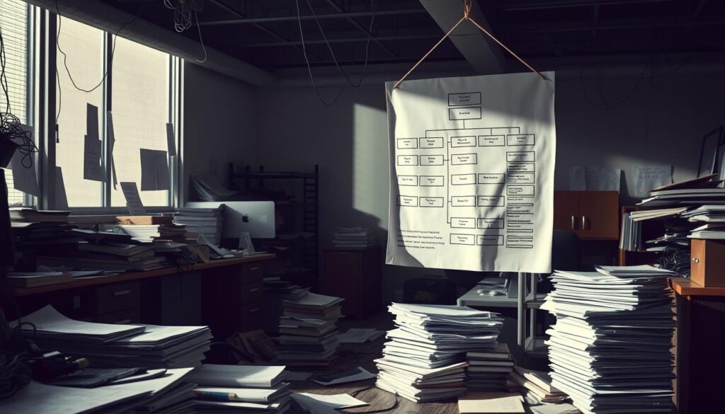 A disorganized office interior with cluttered desks, tangled wires, and mismatched furniture. Dim lighting casts long shadows, creating a sense of confusion and lack of structure. In the foreground, a poorly designed organizational chart hangs crookedly on the wall, its lines and boxes in disarray. The middle ground features stacks of unorganized documents and files spilling onto the floor. The background is hazy, with a sense of uncertainty and a lack of clear direction. The overall atmosphere conveys a sense of unprofessionalism and a weakened credibility.
