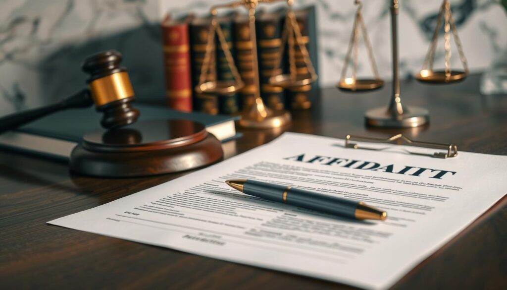 A high-quality legal document on a wooden table, illuminated by soft, warm lighting. The affidavit form is placed prominently in the foreground, with a pen resting next to it, conveying a sense of formality and importance. In the middle ground, a gavel and scales of justice symbolize the gravity of the situation. The background is slightly blurred, featuring law books and a marble or granite wall, evoking a professional, authoritative atmosphere. The overall mood is serious, contemplative, and imbued with a sense of legal consequence.