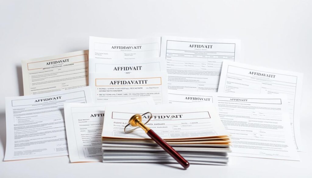 A high-quality photograph of various affidavit types commonly used in India, including affidavits for personal information, legal proceedings, property ownership, and employment verification. The image should be captured in a well-lit studio setting with a neutral background, allowing the affidavit documents to be the primary focus. Arrange the documents in a visually appealing layout, with subtle shadows and depth of field to create a sense of three-dimensionality. The overall mood should be professional, authoritative, and informative, reflecting the importance of affidavits in legal and daily life.
