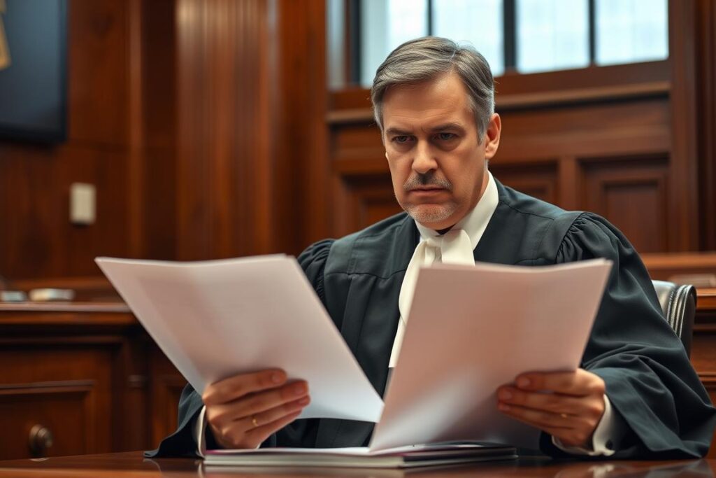 A judge looking sternly at documents in court, representing the serious consequences of false statements in affidavits submitted to courts A judge looking sternly at documents in court, representing the serious consequences of false statements in affidavits submitted to courts