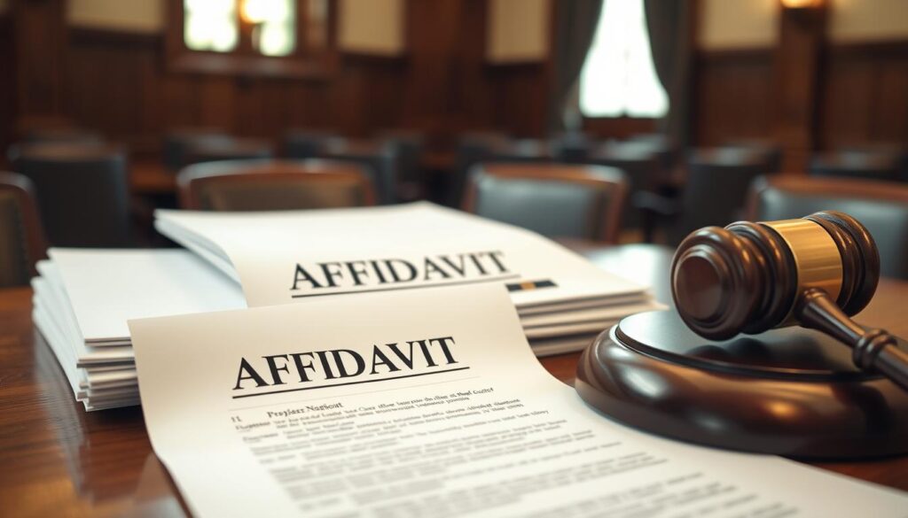 A judge's gavel next to legal documents including an affidavit in a courtroom setting, illustrating the connection between courts and affidavits A judge's gavel next to legal documents including an affidavit in a courtroom setting, illustrating the connection between courts and affidavits