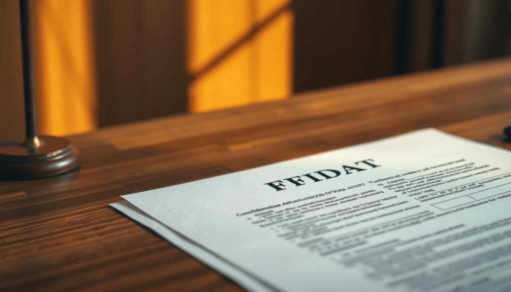 A legal document laying out sworn facts, an affidavit rests on a wooden desk under warm, directional lighting. The document's crisp edges and official seal indicate its importance, while the blurred background suggests a sense of gravity and formality. The composition emphasizes the affidavit's central role, framed by a muted color palette and subtle shadows that lend an air of authority. This image captures the significance of affidavits as vital evidence in legal proceedings, conveying their weight and credibility.