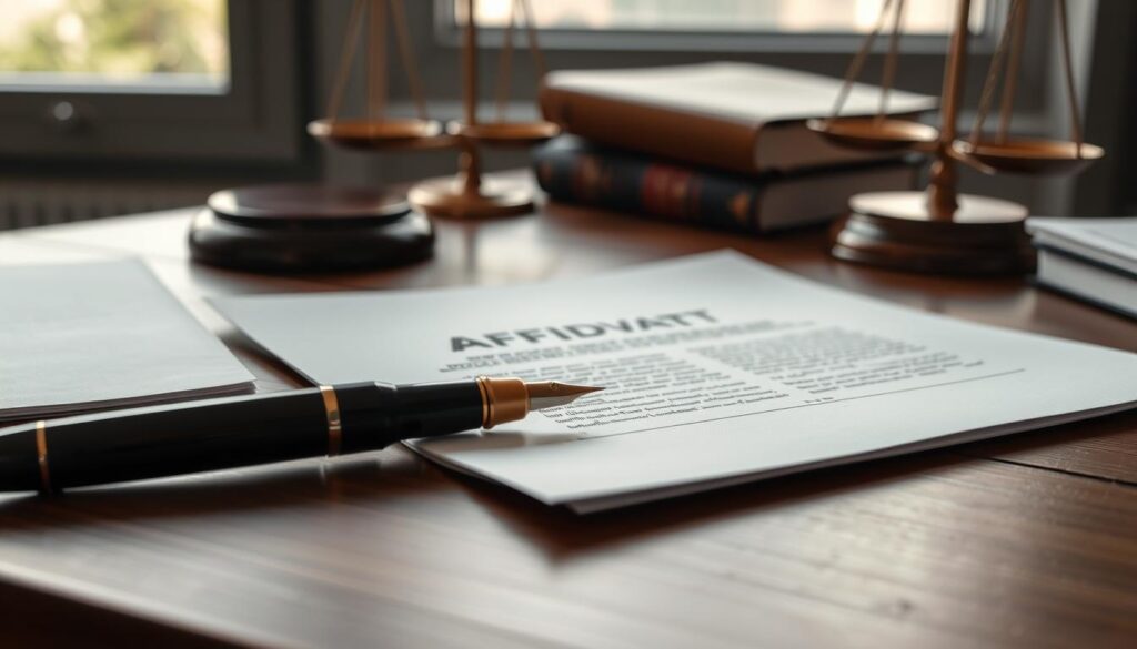 A meticulously crafted affidavit document, centered on a wooden desk, lit by soft natural light filtering through a nearby window. The paper's crisp white surface reflects the gravity of the legal matter, with a fountain pen poised to record the sworn testimony. A subtle background of legal references and judicial scales adds depth and context, creating an atmosphere of solemn professionalism. The composition emphasizes the importance of this formal legal document, inviting the viewer to envision the step-by-step process of drafting an affidavit for a court case in India.