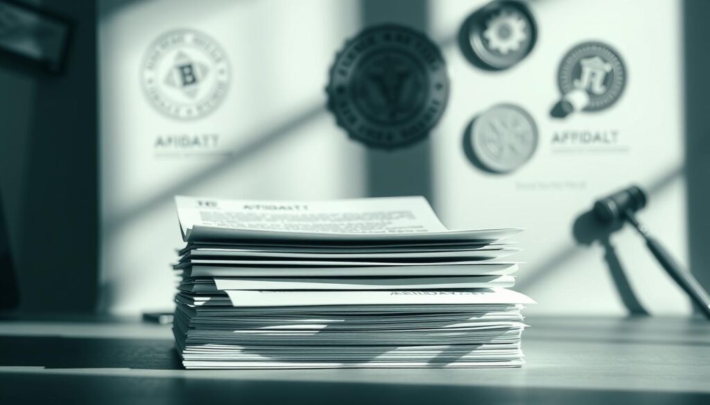 A minimalist, high-contrast illustration showcasing the core elements of a formal legal affidavit. In the foreground, a stack of official-looking documents with clean lines and a crisp, professional aesthetic. Behind them, a soft, blurred background with subtle textures suggestive of legal seals, stamps, or office supplies. Dramatic side lighting casts dramatic shadows, lending an air of gravity and importance. The overall mood is one of precision, authority, and the weighty significance of the document's contents. No distracting elements, just the essential components that make up the affidavit's structure.