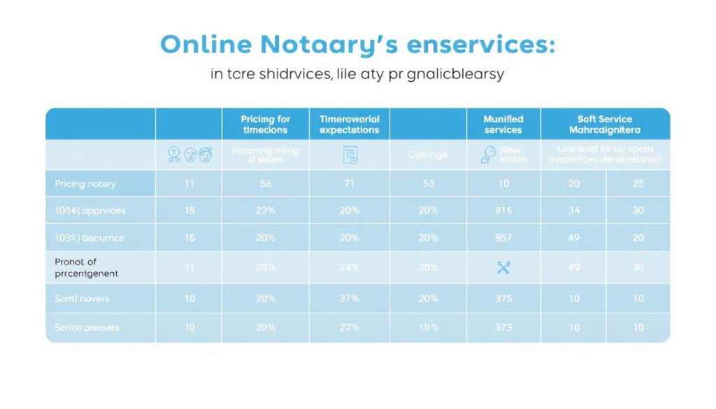 A modern and professional-looking infographic showcasing the pricing, timelines, and service-level expectations for online notary services in Mumbai, Maharashtra. The image should have a clean, minimalist design with a neutral color palette of blues, grays, and whites. The foreground should feature a well-organized table or grid layout detailing the various pricing tiers, turnaround times, and service guarantees. The middle ground could include simple icons or illustrations representing the key notary services. The background should have a subtle pattern or texture, such as a lightly gridded or dotted design, to provide visual interest without distracting from the main information.