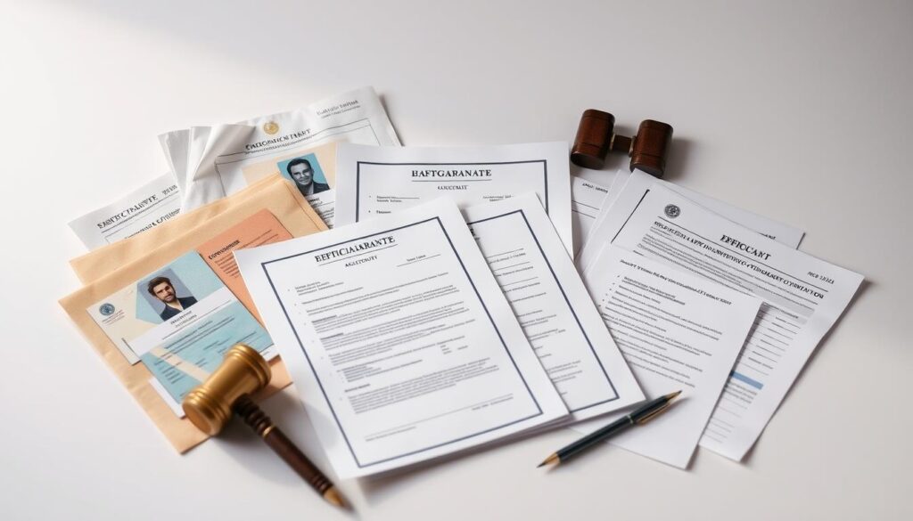 A neatly organized collection of essential documents, including official paperwork, identification cards, and financial statements, set against a clean, professional background with subtle lighting highlighting their importance. The composition emphasizes the necessary materials required to draft an affidavit for a bank guarantee, conveying a sense of order and preparedness. The image should evoke a feeling of confidence and attention to detail, setting the stage for the crucial legal process.
