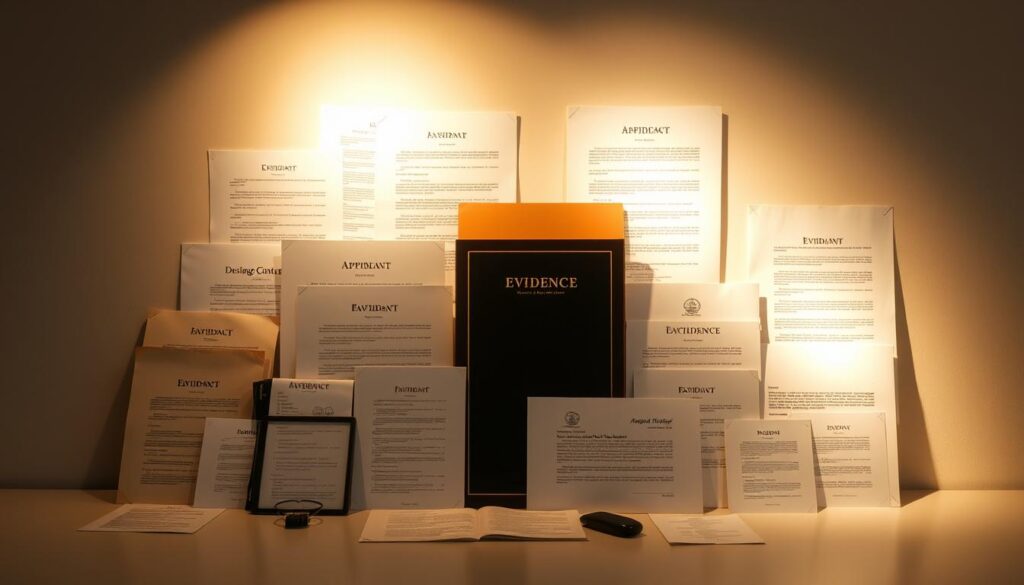 A neatly organized display of various legal documents, contracts, and paperwork against a clean, neutral background. The items are illuminated by warm, soft lighting, casting subtle shadows and highlighting the textures of the different materials. The arrangement is visually balanced, with a sense of deliberate curation that conveys the importance and credibility of the "evidence" being presented. The overall mood is professional, authoritative, and trustworthy, reinforcing the section's focus on strengthening the affidavit.
