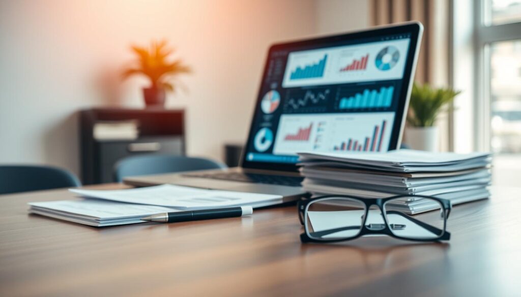 A neatly organized office desk with a laptop, stack of documents, pen, and a pair of reading glasses. The laptop screen displays various charts, graphs, and data visualizations, conveying the idea of information and analysis. Soft, directional lighting from a window illuminates the scene, creating a warm, professional atmosphere. The depth of field is slightly blurred, keeping the desk and its contents in sharp focus, while the background fades into a subtle, blurred office environment. The overall composition suggests a workspace dedicated to gathering, processing, and understanding important information.