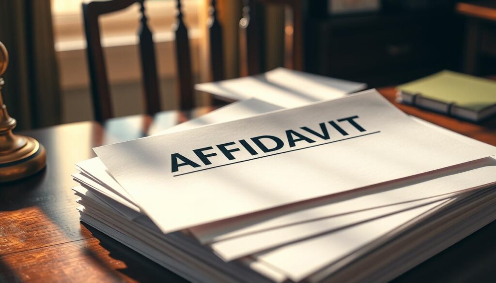 A neatly stacked pile of legal documents, with the word "AFFIDAVIT" prominently displayed on the topmost sheet. The pages are crisp and pristine, illuminated by warm, natural lighting that casts gentle shadows across the surface. In the background, a blurred, yet distinguished wooden desk and chair, hinting at the professional environment in which these affidavits are typically used. The overall scene conveys a sense of authority, trustworthiness, and the gravity of the legal proceedings these documents represent.