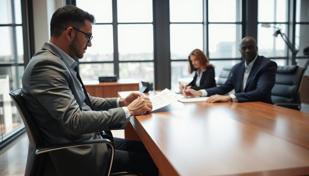 A notarisation process unfolding in a modern, well-lit office setting. In the foreground, a professional notary public sits at a sleek, wood-paneled desk, carefully reviewing documents. The middle ground features a client signing paperwork, their face partially obscured to protect their privacy. The background showcases floor-to-ceiling windows, allowing natural light to flood the space and create a sense of openness and transparency. The overall atmosphere is one of efficiency, trust, and attention to detail, reflecting the reliable and secure nature of the online notarisation service.