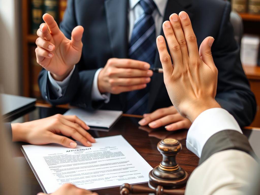 A notary public administering an oath to a person signing an affidavit, showing the formal process required before submission to courts A notary public administering an oath to a person signing an affidavit, showing the formal process required before submission to courts