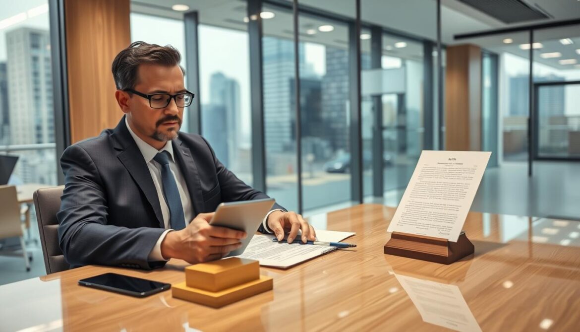 A notary public and oath commissioner verifying documents in a modern office setting in 2025