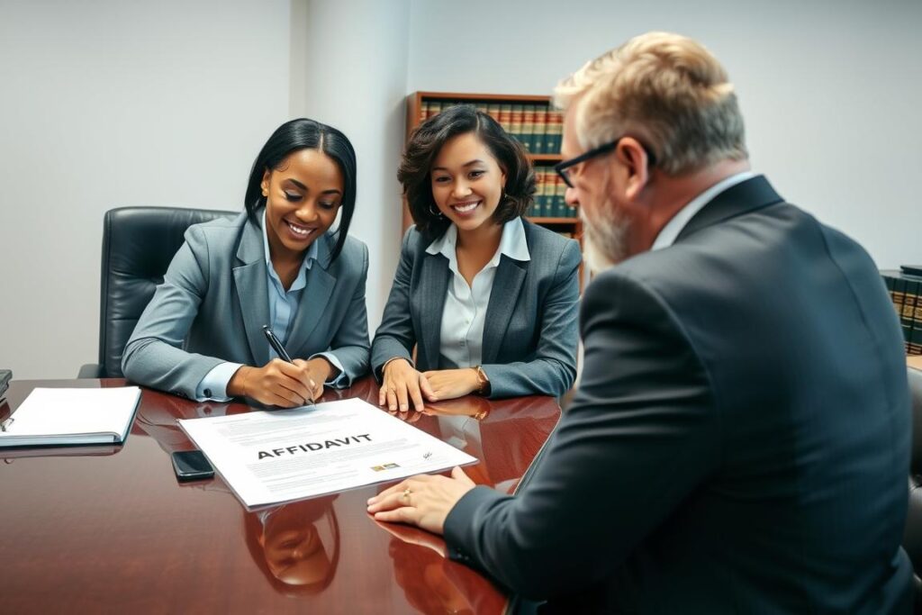 A person signing an affidavit in front of a notary public, demonstrating the proper procedure for creating a legally valid affidavit A person signing an affidavit in front of a notary public, demonstrating the proper procedure for creating a legally valid affidavit
