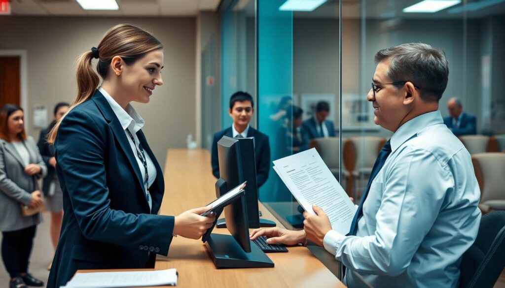 A person submitting affidavit documents at a court clerk's office, showing the final step in the courts and affidavits process A person submitting affidavit documents at a court clerk's office, showing the final step in the courts and affidavits process