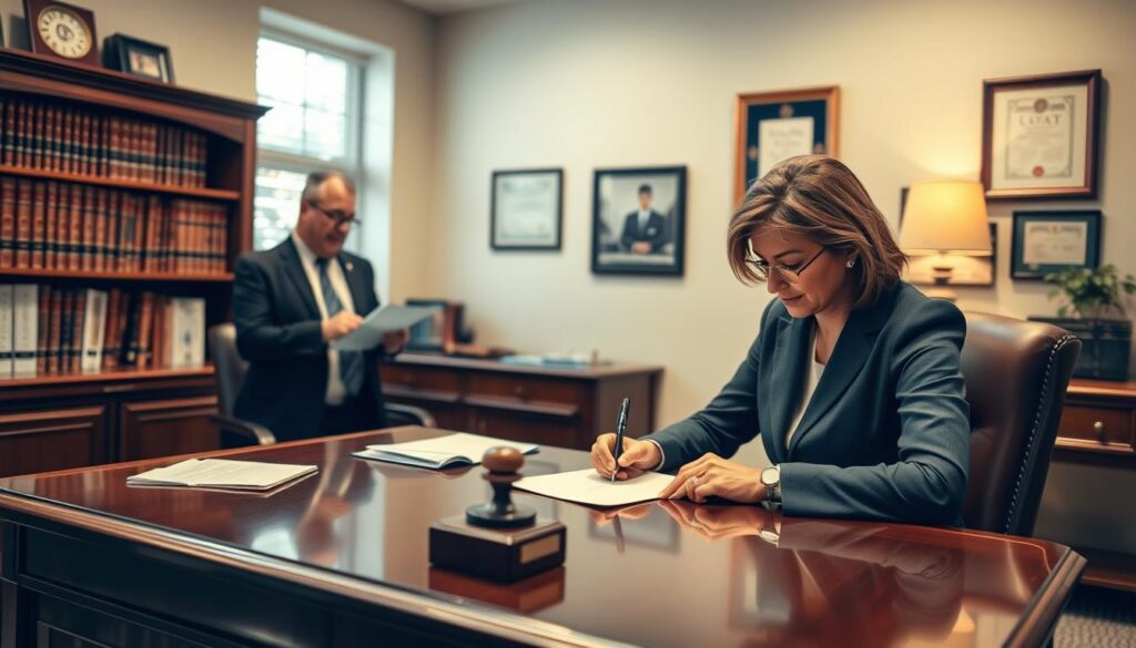 A professional, well-lit notary office with a warm, welcoming atmosphere. In the foreground, a notary public sits at a polished wooden desk, stamping and signing documents. The middle ground features a client reviewing papers, while the background showcases a bookshelf filled with legal tomes and framed certificates on the walls. The lighting is soft and natural, casting a subtle glow over the scene. The overall composition conveys a sense of expertise, trust, and attention to detail in the notary services offered.