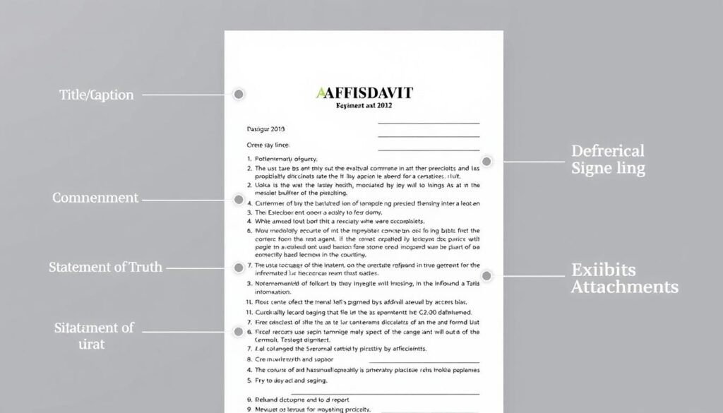A sample affidavit template with annotations pointing out key sections, showing how affidavits are structured for court submission A sample affidavit template with annotations pointing out key sections, showing how affidavits are structured for court submission