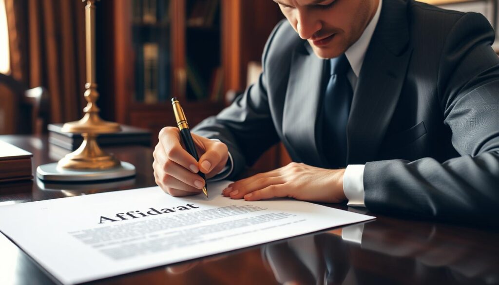 A sophisticated and elegant office setting, with a wooden desk and a legal document bearing the title "Affidavit" prominently displayed. A well-dressed person, likely a professional or a student, is shown signing the document with a fountain pen, their face expression conveying a sense of focus and diligence. The scene is bathed in warm, natural lighting, creating a sense of authority and gravity. The background is slightly blurred, emphasizing the importance of the signing process. The overall atmosphere evokes a sense of importance and legal significance, fitting the subject of the article.