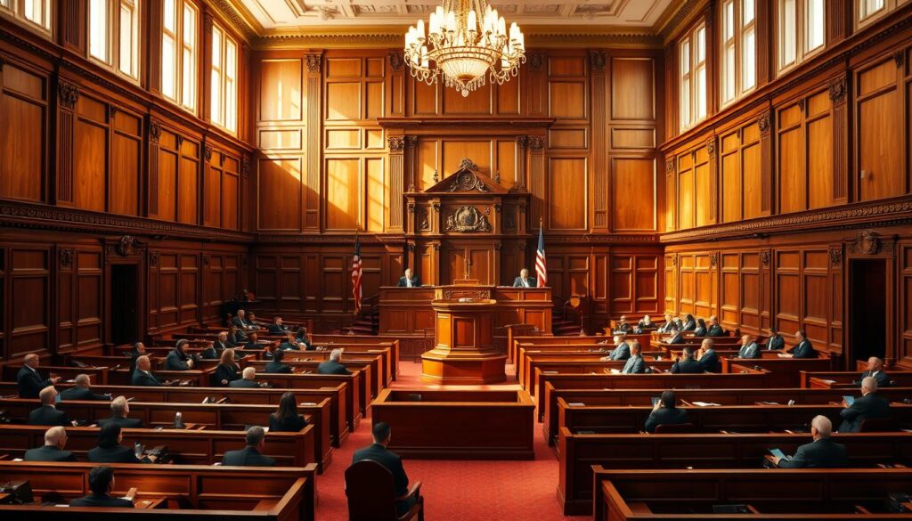A spacious, wood-paneled courtroom, illuminated by warm, natural light streaming through tall windows. The judge's bench stands elevated, its ornate carvings casting intricate shadows. Lawyers and witnesses occupy the central well, their faces intense with concentration. Rows of mahogany benches fill the space, creating a sense of formality and gravity. The air is charged with the weight of justice, as the proceedings unfold with precision and gravity. A majestic chandelier hangs overhead, casting a soft glow over the scene, emphasizing the solemnity of the occasion.