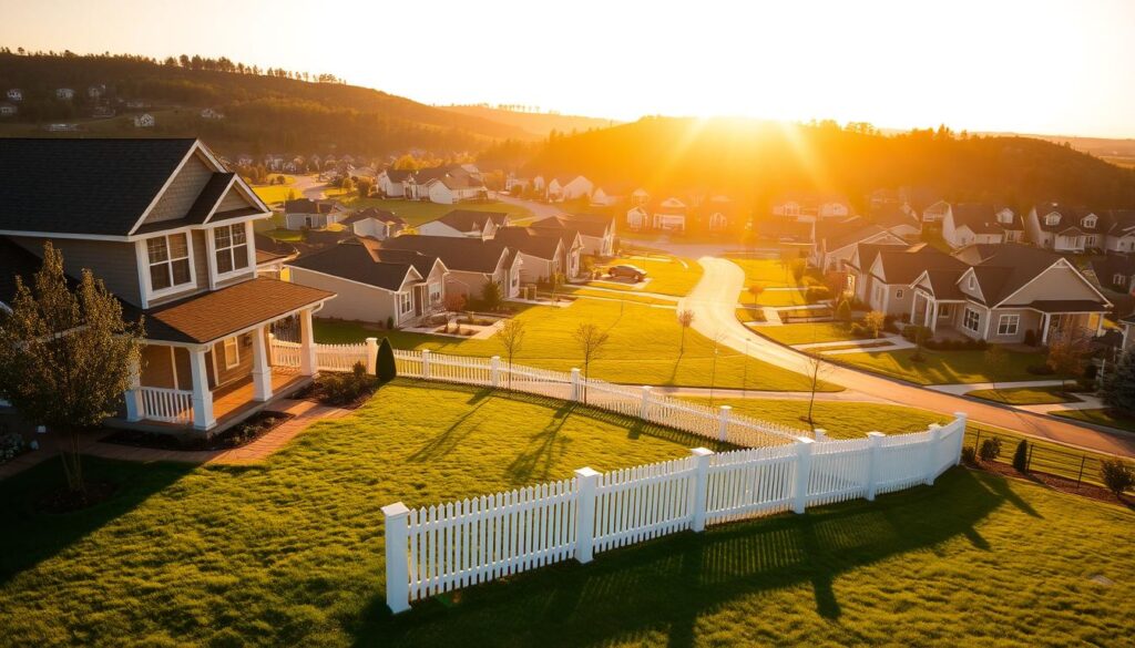 A sprawling suburban neighborhood, with well-manicured lawns and neatly-arranged houses. The sun casts a warm, golden glow over the scene, creating long shadows and highlighting the crisp architectural details. In the foreground, a modern, two-story home with a neatly-trimmed lawn and a freshly-painted white picket fence. In the middle ground, a winding street lined with similar homes, each with its own unique style and character. In the background, a rolling, tree-covered hill, adding depth and a sense of tranquility to the overall composition. The image conveys a sense of stability, security, and the American dream of homeownership.