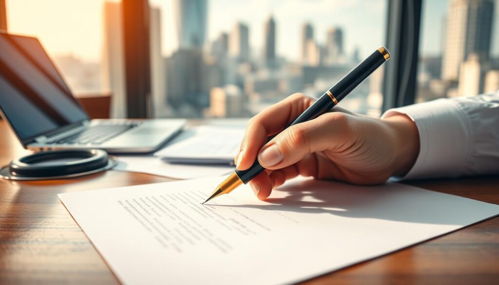 A vibrant, dynamic image depicting the step-by-step process of drafting a legal affidavit. In the foreground, a hand holding a fountain pen glides across crisp, white paper, capturing the meticulous act of writing. The middle ground showcases a desktop workspace with a laptop, legal documents, and a magnifying glass, signifying the research and attention to detail required. In the background, a soft, blurred cityscape hints at the bustling legal environment. Warm, natural lighting casts a professional, authoritative atmosphere, while a shallow depth of field draws the viewer's focus to the core elements of the affidavit-drafting process.