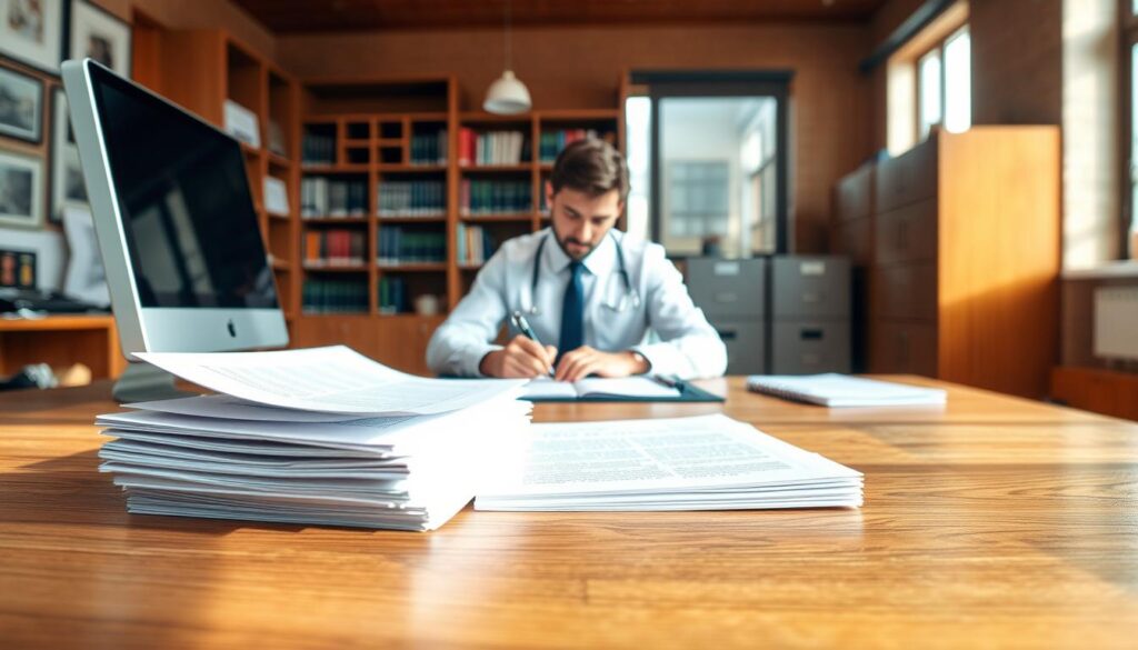 A well-lit office interior, a wooden desk in the foreground holding a stack of papers, a pen, and a computer monitor. In the middle ground, a person in formal attire sits at the desk, focused on writing in a document. The background features bookshelves, filing cabinets, and a window providing natural light, conveying a professional, legal setting. The scene has a warm, productive atmosphere, with subtle shadows and highlights suggesting an early afternoon timeframe. The overall composition emphasizes the process of drafting an affidavit, capturing the concentration and attention to detail required.
