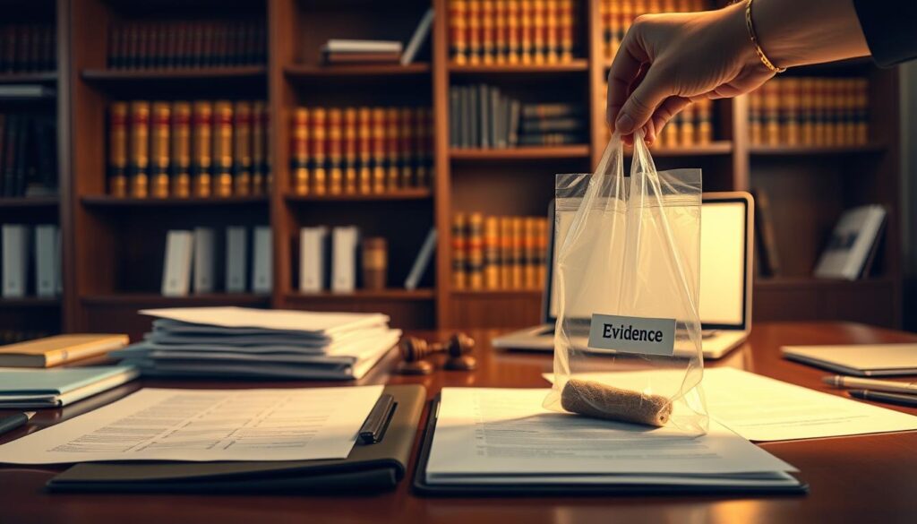 A well-lit office setting with a meticulously organized desk showcasing legal documents, folders, and a laptop. In the foreground, a hand carefully places an evidence bag containing a key piece of evidence on the desk, symbolizing the importance of proper evidence preservation. The background features a bookshelf filled with law books, creating an atmosphere of professionalism and attention to detail. Soft, warm lighting illuminates the scene, conveying a sense of diligence and care in the legal process.