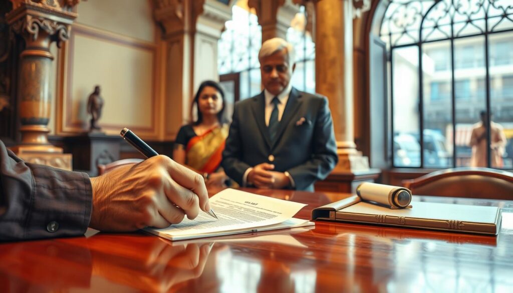A well-lit, realistic scene depicting a person signing an official document, such as a court affidavit, against a backdrop of a traditional Indian setting. The foreground should show the person's hands carefully inscribing their signature on the document, which is resting on a polished wooden table. In the middle ground, a professional-looking witness observes the signing process, and a notary public stands ready to certify the document. The background should feature architectural elements like ornate columns, carved wooden panels, or a window overlooking a bustling street, conveying a sense of the legal and cultural context. The overall mood should be one of solemnity, attention to detail, and adherence to established legal procedures.