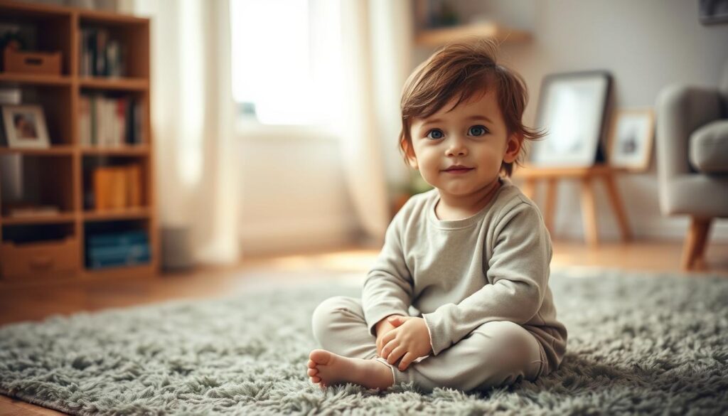 A young child, approximately 5-7 years old, sitting cross-legged on a plush, sage green rug in a cozy, sun-dappled room. The child's face is warm and gentle, with a hint of curiosity in their eyes. They wear a simple, comfortable outfit in soft tones, their hair neatly styled. The background is slightly blurred, featuring a bookshelf and a few framed family photos, conveying a sense of home and security. The lighting is soft and natural, creating a calming, nurturing atmosphere. The overall mood is one of innocence, comfort, and the well-being of a child in a safe, loving environment.