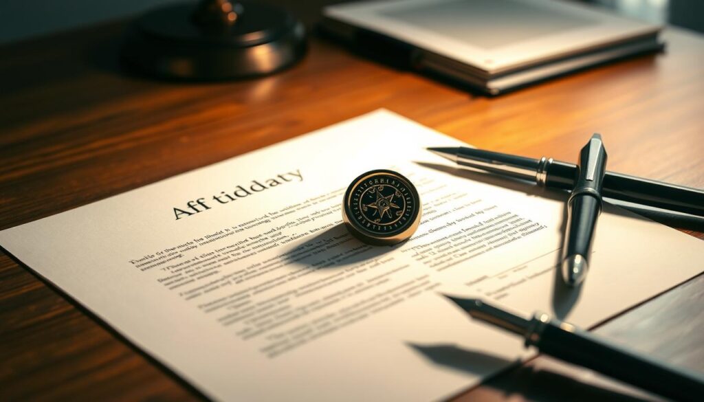 Affidavit notarized - A crisp, formal document on a wooden desk, illuminated by a soft spotlight. The paper's edges are well-defined, the text sharp and legible. An ornate notary seal stands prominently in the center, its intricate design casting subtle shadows. Nearby, a fountain pen rests, ready to add the final authoritative signatures. The scene conveys a sense of legal authority, the solemnity of sworn testimony, and the importance of proper execution.