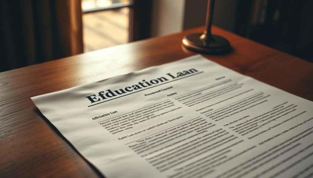 An elegantly designed affidavit document, its header prominently featuring "Education Loan", rests on a wooden desk, illuminated by warm, natural lighting filtering through a nearby window. The document's crisp, professional layout showcases detailed sections, neatly arranged, inviting the viewer to explore the intricacies of this legal declaration. The background subtly suggests an academic or financial setting, with the affidavit serving as a bridge between the educational journey and the financial obligations it entails. The overall mood is one of thoughtful consideration, highlighting the importance of this document in the context of student loan settlement.