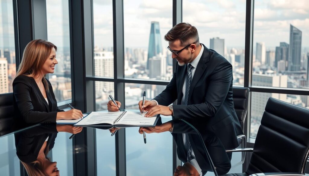 Business partners signing an agreement in an office Business partners signing an agreement in an office