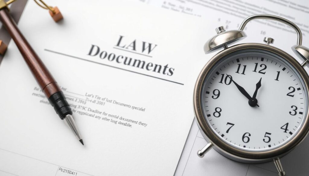Clock and calendar next to legal documents, representing time limitations