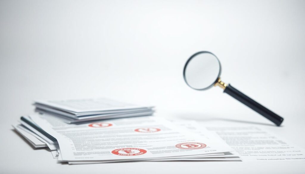 Detailed document guidelines against a plain white background, illuminated by soft, even lighting. A stack of official forms, stamps, and seals in the foreground, conveying a sense of legal authority and bureaucratic procedure. In the middle ground, a magnifying glass hovers, highlighting the importance of close inspection and attention to detail. The background features subtly textured paper or parchment, hinting at the historical context and formality of the subject matter. The overall mood is one of precision, diligence, and the gravity of official documentation.