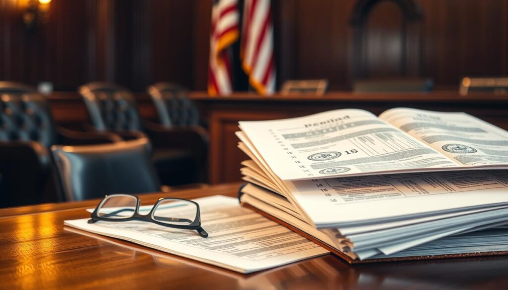 Detailed legal evidence presented in a courtroom setting. A stack of official documents and records rests on a wooden desk, illuminated by warm, directional lighting. The papers feature official seals, stamps, and handwritten notes in the margins. An open law book and a pair of reading glasses sit nearby, conveying a sense of serious, meticulous analysis. The background is blurred, with subtle hints of a courtroom setting - dark wood paneling, leather chairs, and the American flag in the distance, suggesting the gravity and importance of the proceedings.