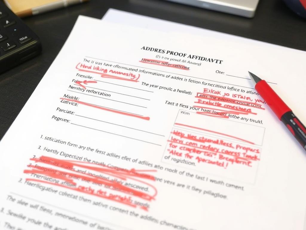 Document showing common mistakes in address proof affidavits with red markings