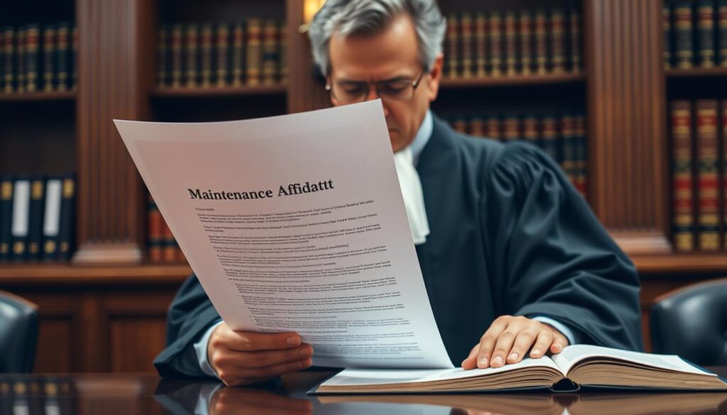 Judge reviewing a Maintenance Affidavit in a courtroom