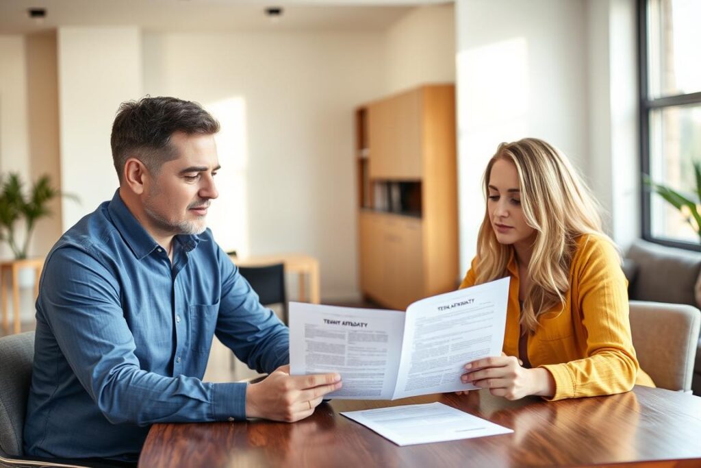 Landlord and tenant discussing a tenant affidavit document