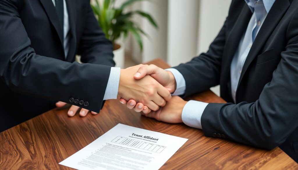 Landlord and tenant shaking hands after completing a tenant affidavit