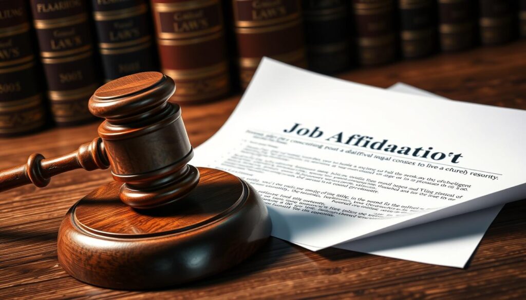 Legal gavel next to job affidavit document symbolizing legal consequences Legal gavel next to job affidavit document symbolizing legal consequences