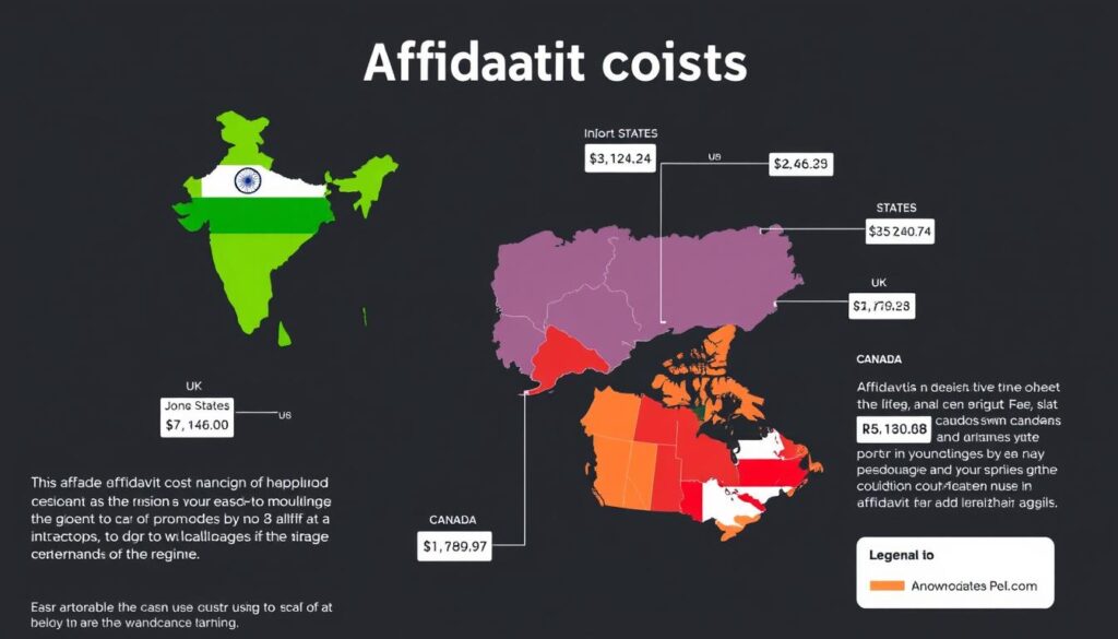Map showing different affidavit cost ranges across various countries and states in India