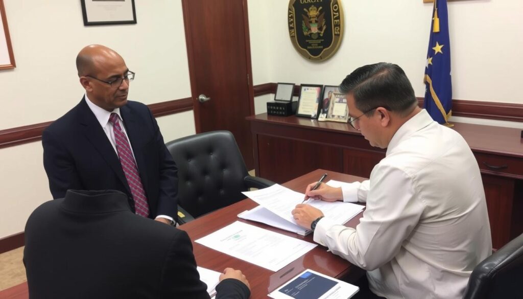 Official accepting birth certificate affidavit at government office