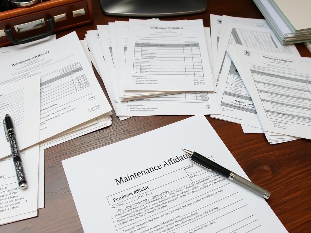 Organized documents showing financial records needed for a Maintenance Affidavit