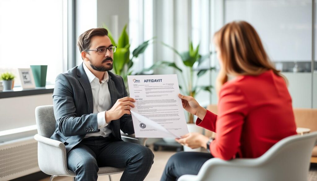 Person explaining employment gap with job affidavit during interview Person explaining employment gap with job affidavit during interview