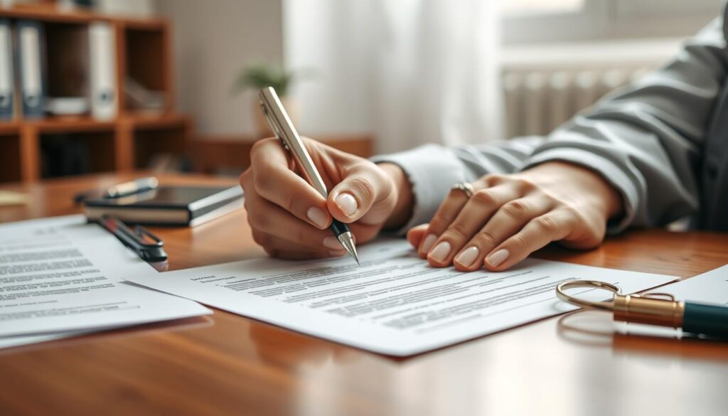 Person filling out a job affidavit form with reference documents Person filling out a job affidavit form with reference documents