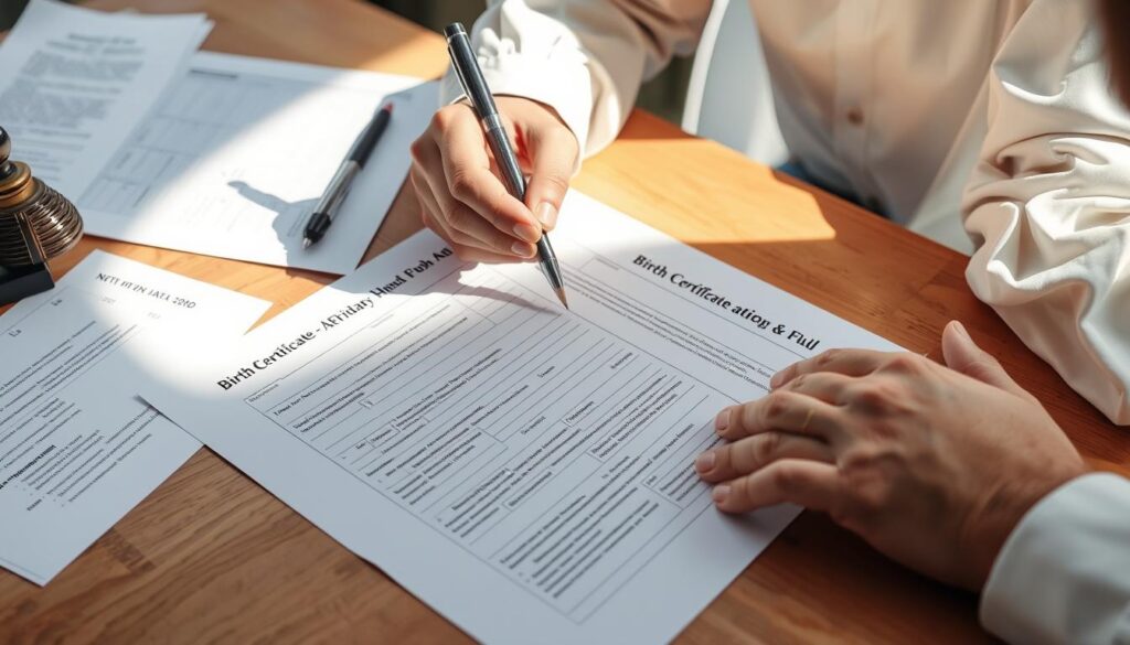 Person filling out birth certificate affidavit form